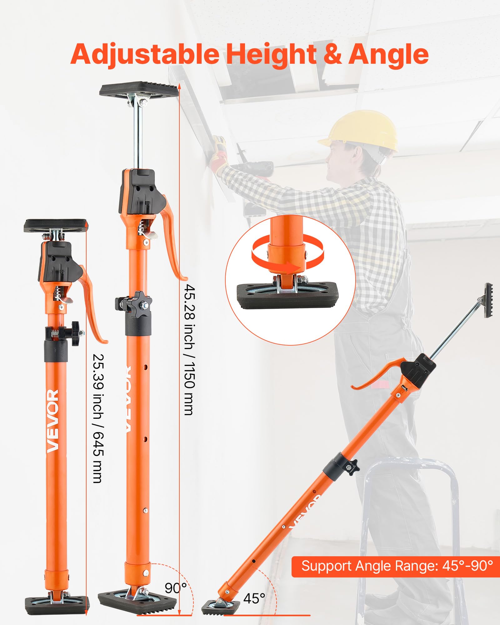 VEVOR Asta di Supporto per Martinetto, 2 Pezzi, Asta di Supporto Rapido Telescopica in Acciaio da 64,5-115 cm, Sistema Regolabile a 3 Mani con Capacità 100 kg per Sollevamento di Cartongesso