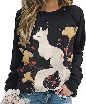 MARSVOVO Fox Shirts For Women Long Sleeve Cute Fox Print Crew Neck Plus Size Casual Fall Pullover Sweatshirt