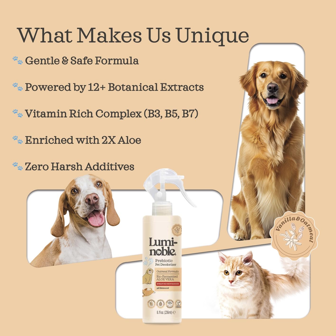 Prebiotic Dog Deodorizer Spray Perfume, Vanilla & Oatmeal Scented, Hypoallergenic Skin Care, Alcohol-Free Odor Remover for Dogs, Prebiotic Formula to Refresh & Hydrate Sensitive Skin & Coat, 8 oz
