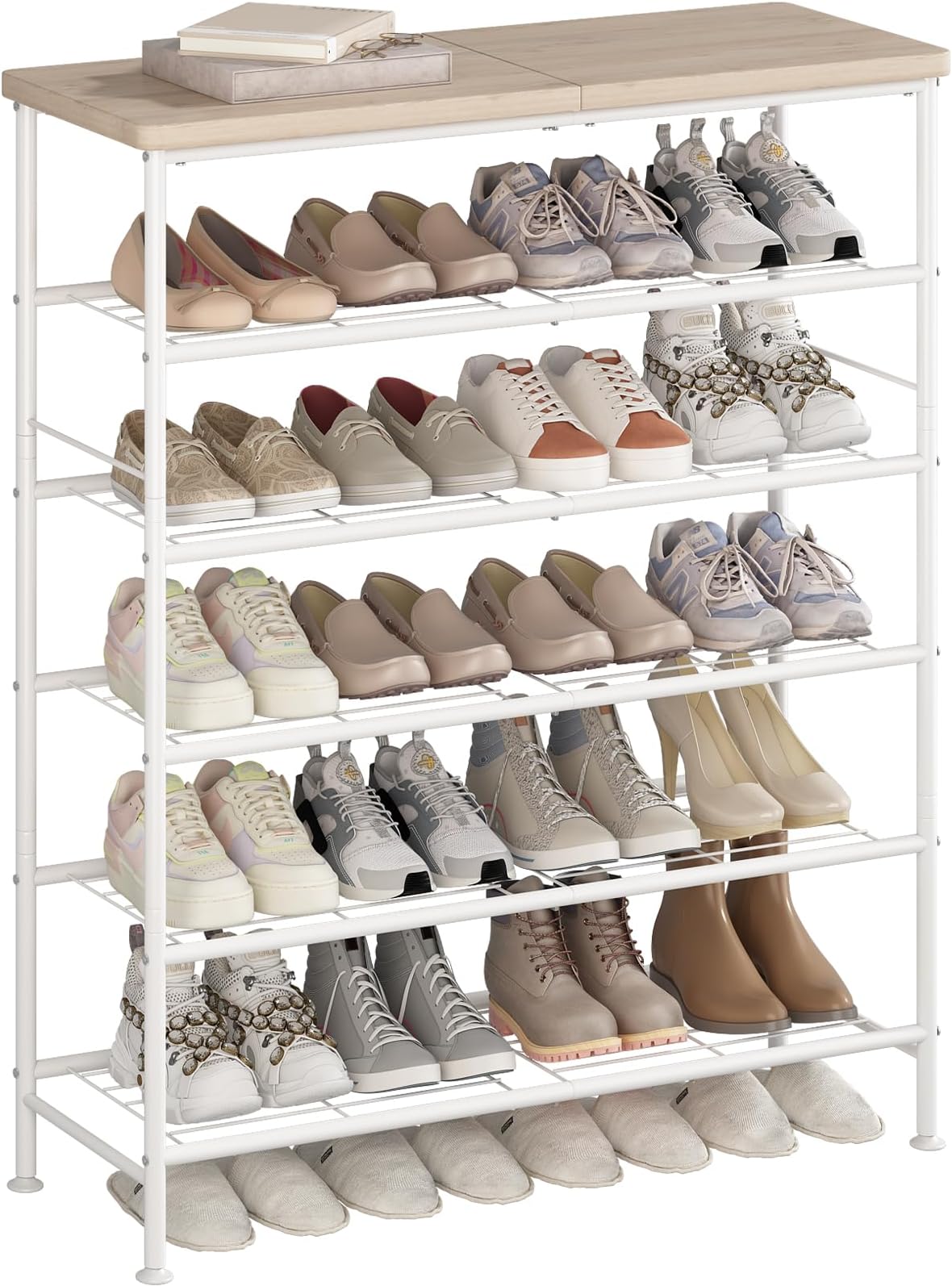 SUOERNUO Shoe Rack Organizer 6 Tier for Closet Entryway Free Standing Metal Storage Shoe Shelf with MDF Top Board，White+Oak