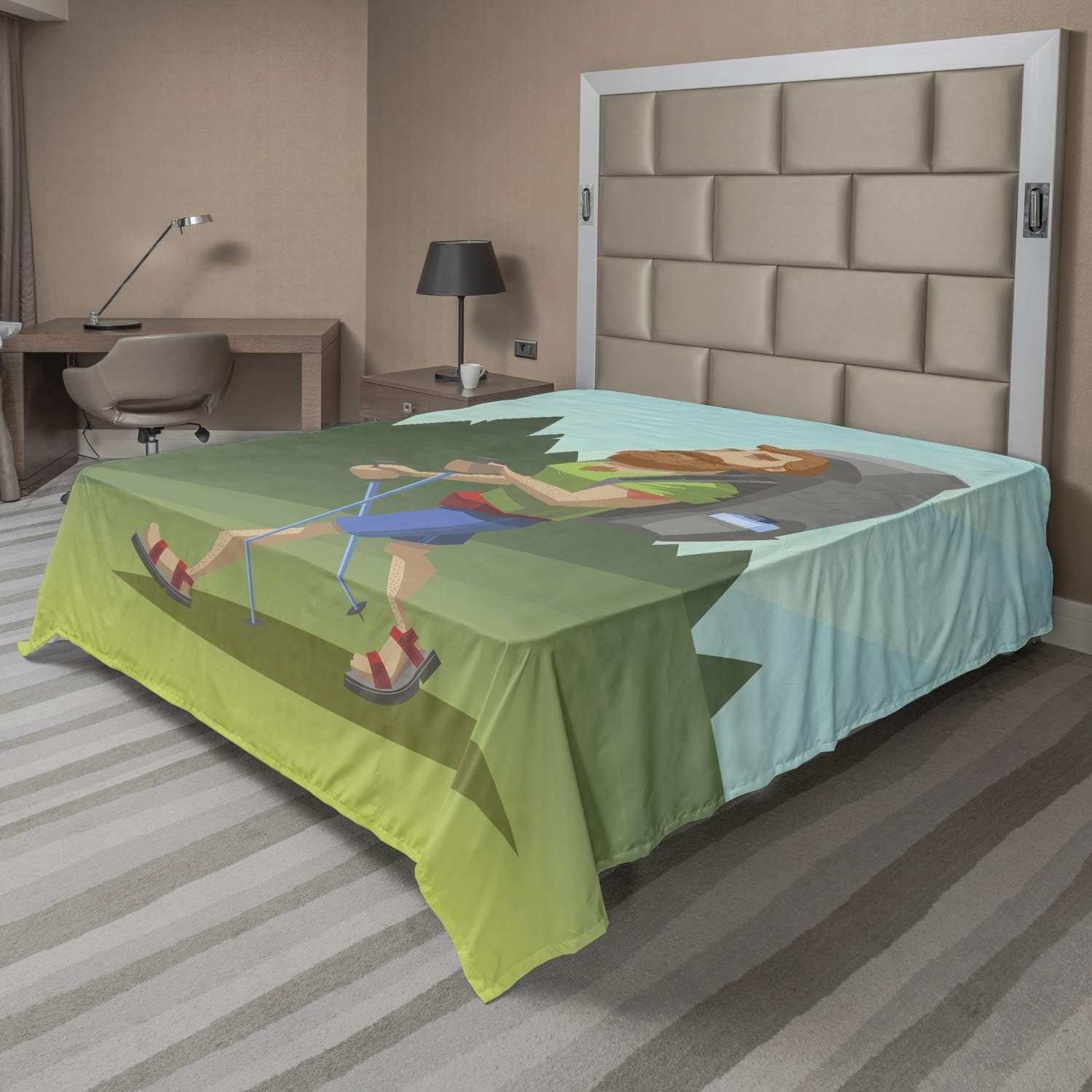 Ambesonne Explore Flat Sheet, Man with a Beard Walking Through The Forest Cartoon Style Outdoor Activity Theme, Soft and Comfortable Top Sheet Decorative Bedding 1 Piece, Full Size, Multicolor