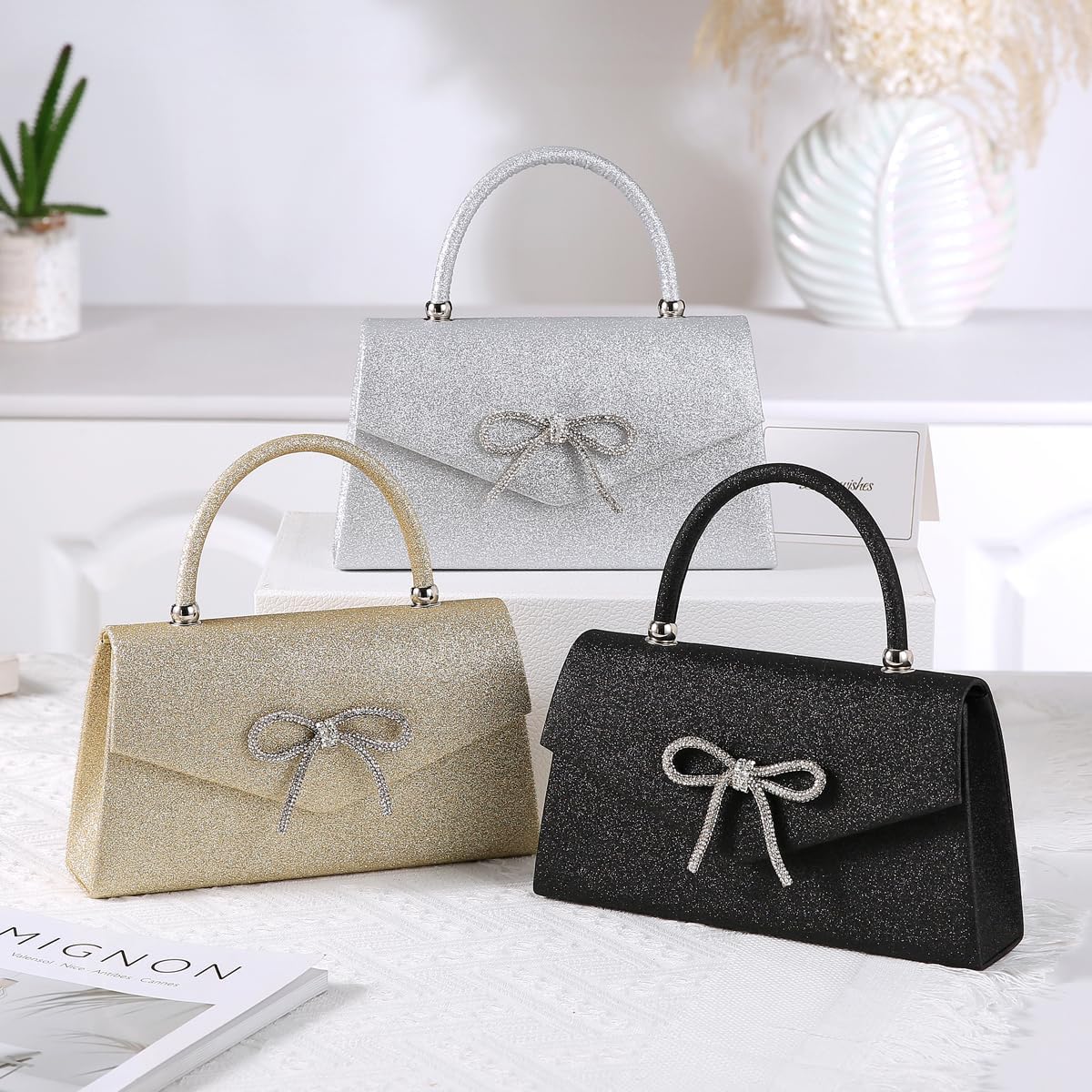 Dreubea Women's Tote Fashion Bowknot Rhinestone Evening Bag Beautiful Shiny Clutch Handbag - Image 6