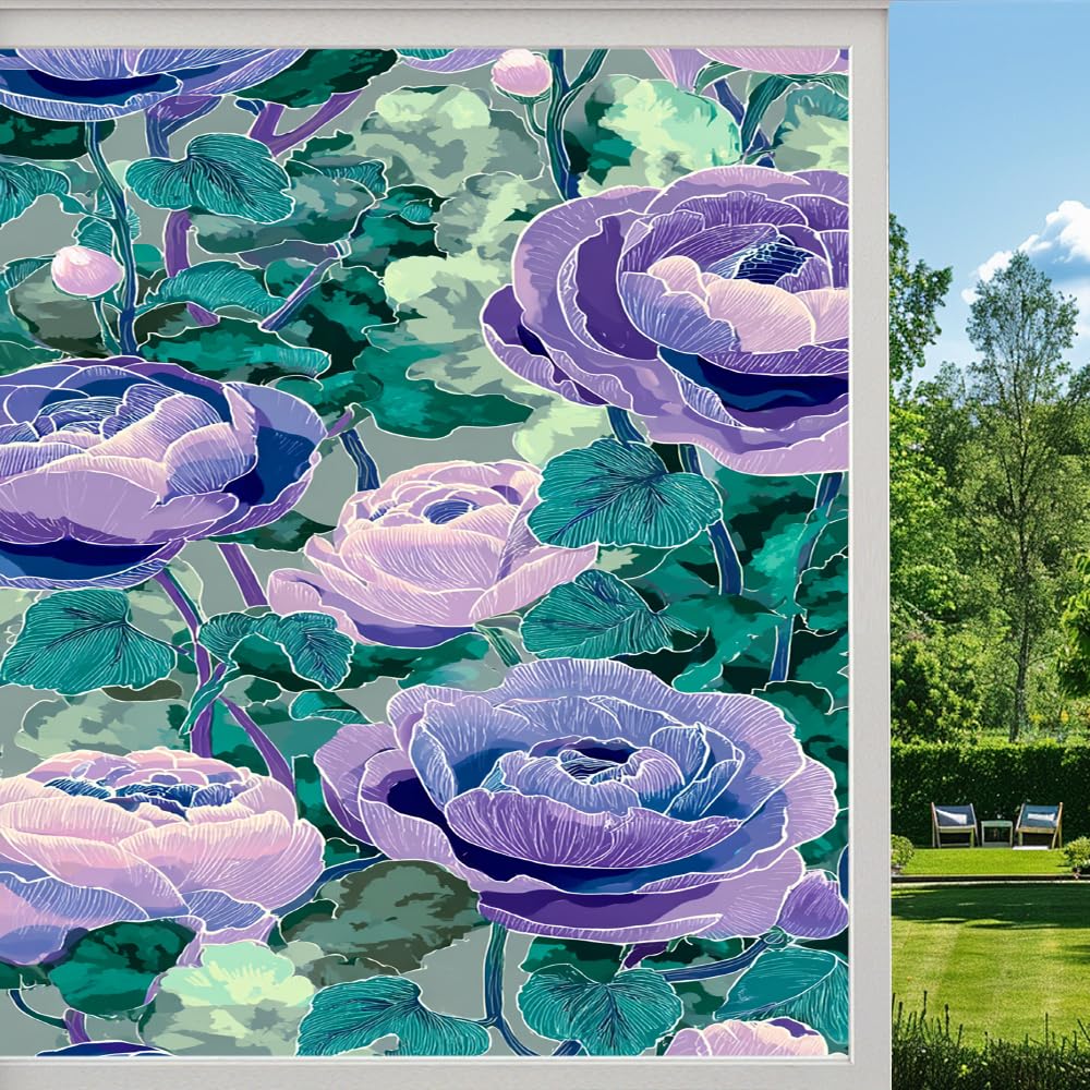 Pmlbaous Rural Rose Privacy Window Film, Colorful Flowers Abstract Frosted Self-Adhesive Vinyl Cling For Glass Doors Bathroom Windows Sun Blocking Heat Control, （55X100cm）