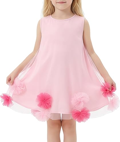 Girls Summer Dress, Toddler Tulle 3D Floral A-Line Outfits, Casual Princess Party Sundress for Kids 4-9Y