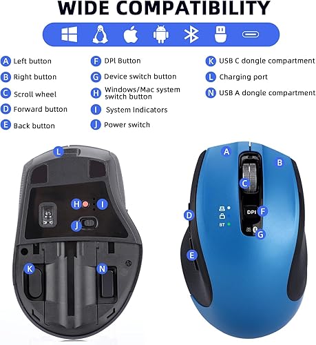 Miniatura 7 de Ratón inalámbrico con Bluetooth, USB A, receptor USB C, recargable, tamaño completo, ergonómico, silencioso, para