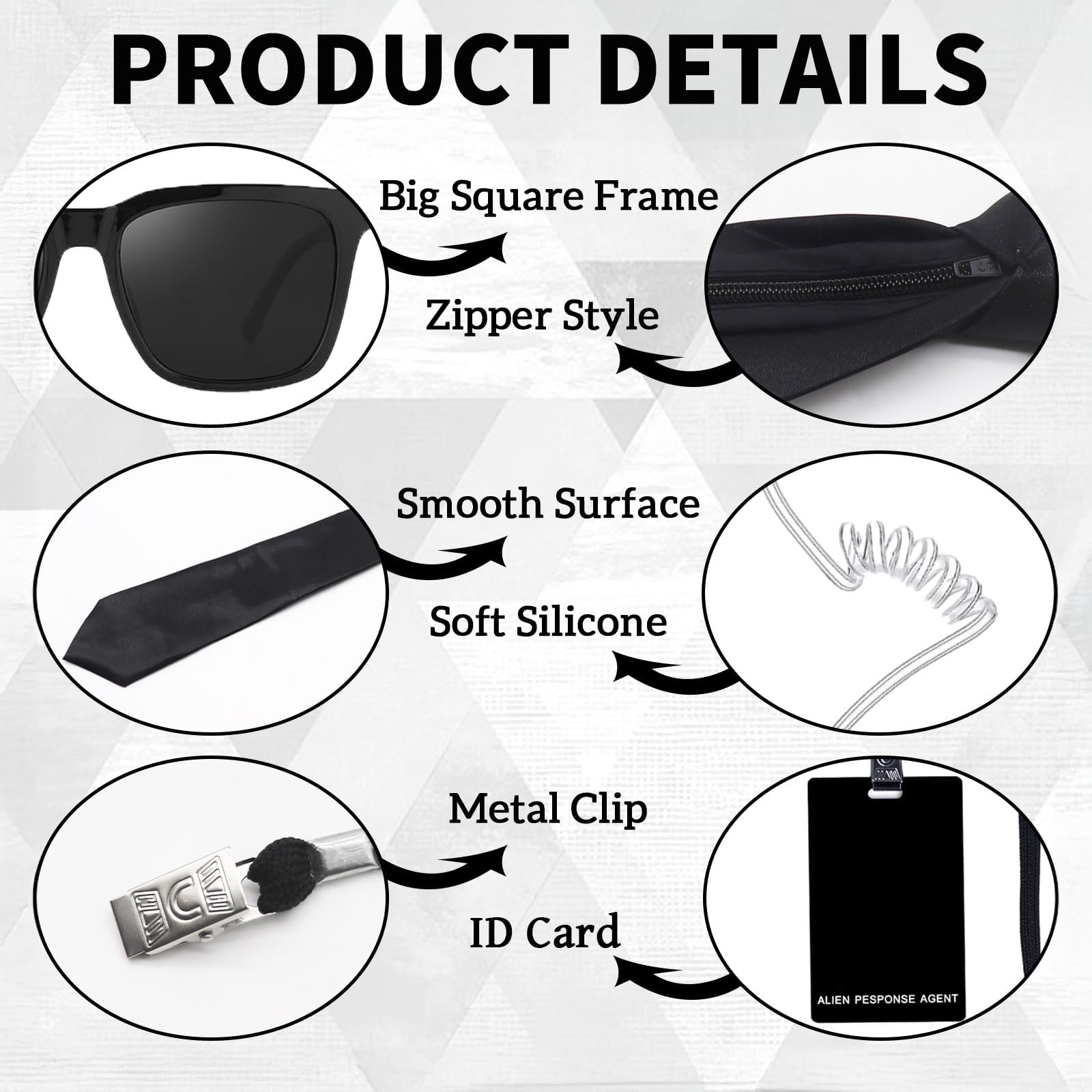 Agent Costume Accessories Set, 8PCS Secret Spy Costume Kit with Thin Frame Glasses, Black Necktie, Earpiece - Image 4