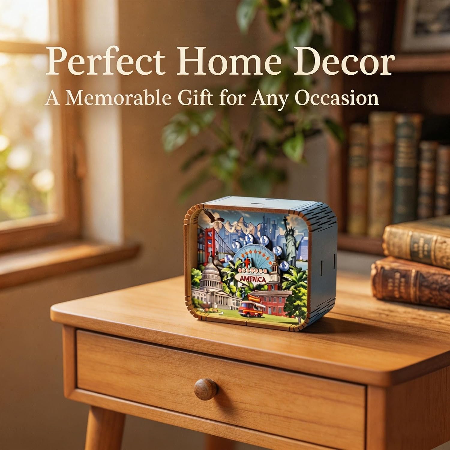 3D Creative America Landmark Wooden Music Box | Music Box Commemorative Crafts, the USA Collectible Souvenirs Mechanism Wood Musical Gift for Women and Friends, 1 Piece