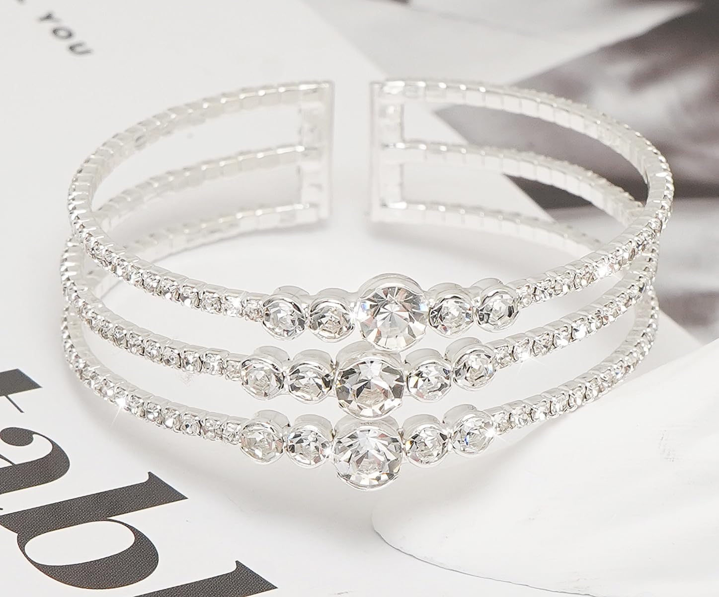 Women Rhinestone Bracelet Multilayer Crystal Cuff Bracelet Silver Braidal Bracelets - Image 4