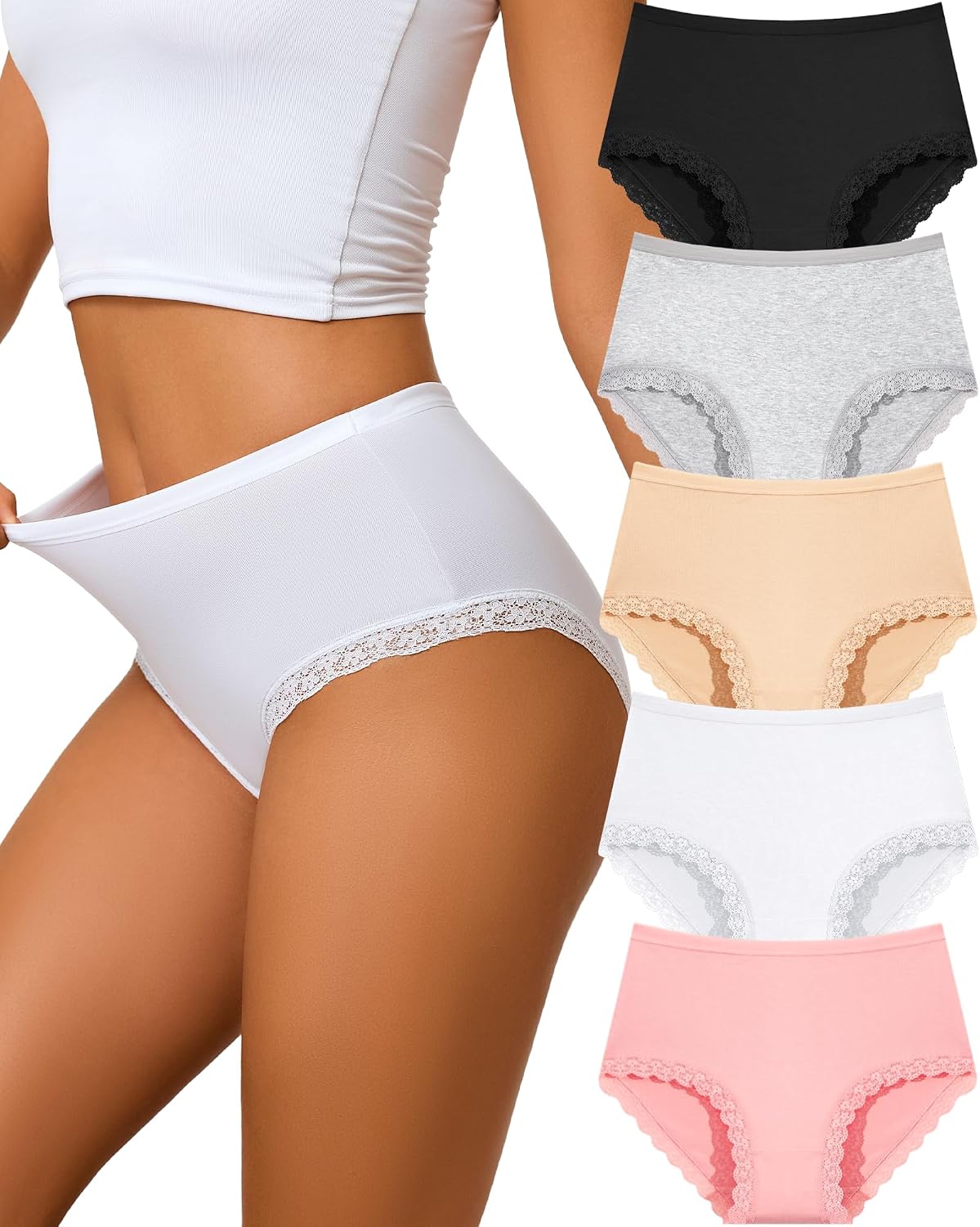 UNDER THE SEA High Waisted Underwear for Women Cotton Plus Size Sexy Lace Panties Bikini Womens Cheeky Panty 5 Pack S-XXL