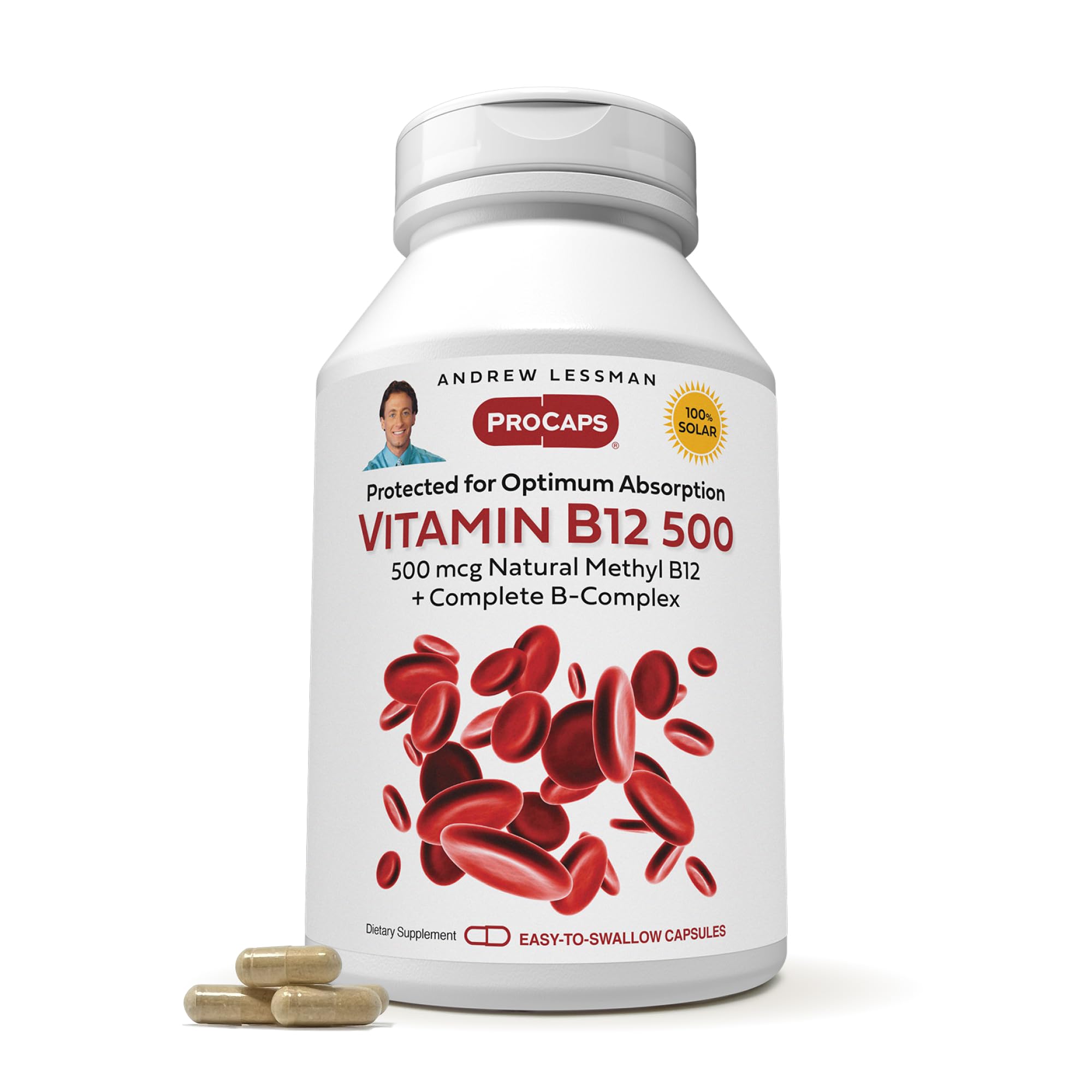 Vitamin B12 500 60 Capsules - Absorption-Protected Methylcobalamin (Natural Coenzyme Vitamin B12), Essential for Energy and Stress Support, Plus B-Complex, Easy to Swallow Capsules