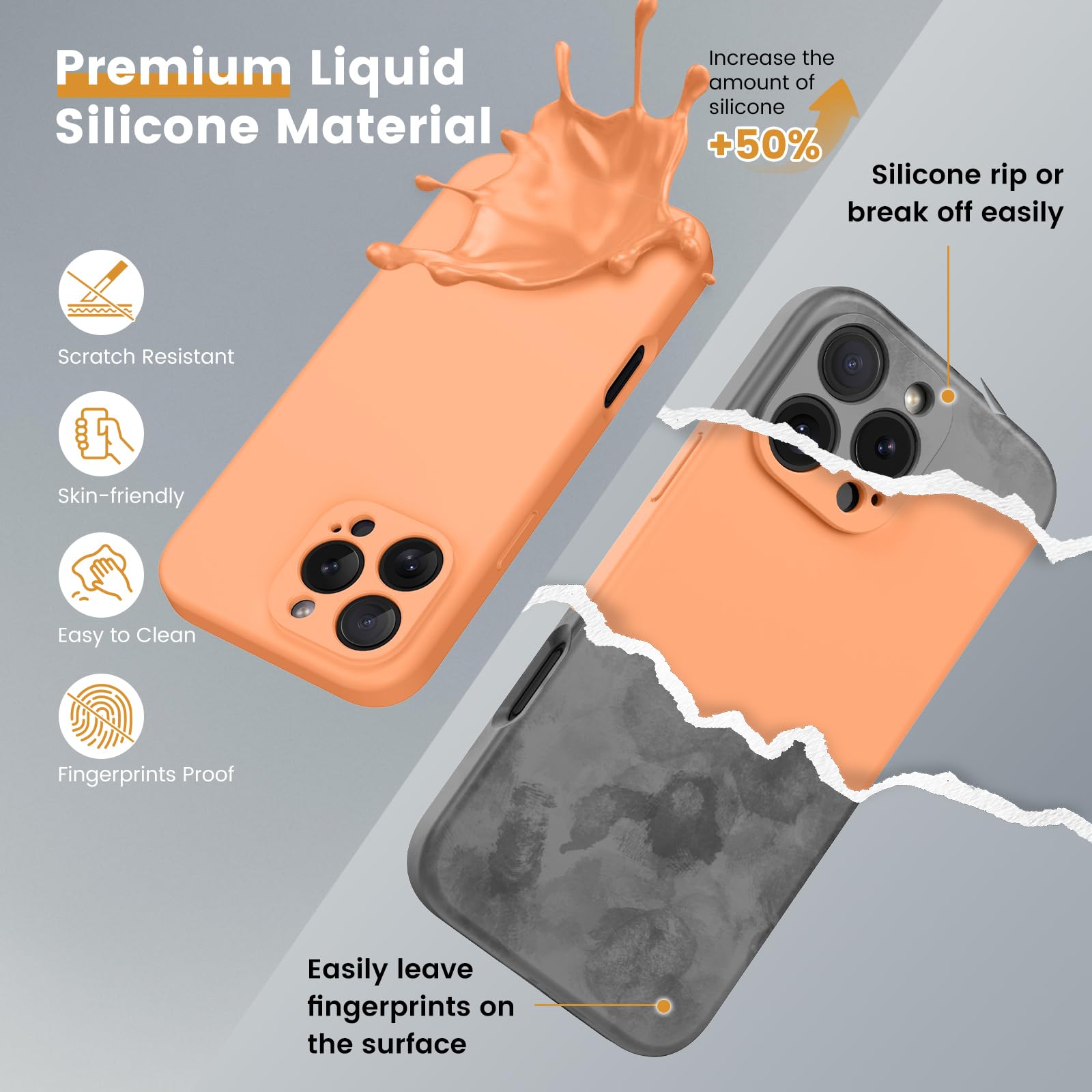CALOOP Slim-Fit for iPhone 16 Pro Case,Skin Soft Liquid Silicone,Sturdy Hard Frame Shockproof Cover with Anti-Scratch Microfiber Lining,Full Protection for Screen and Camera Lens,6.3 inch (Orange) - Image 2