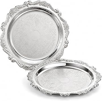 2 Pack Silver Serving Trays, 8 inch Decorative Metal Platters