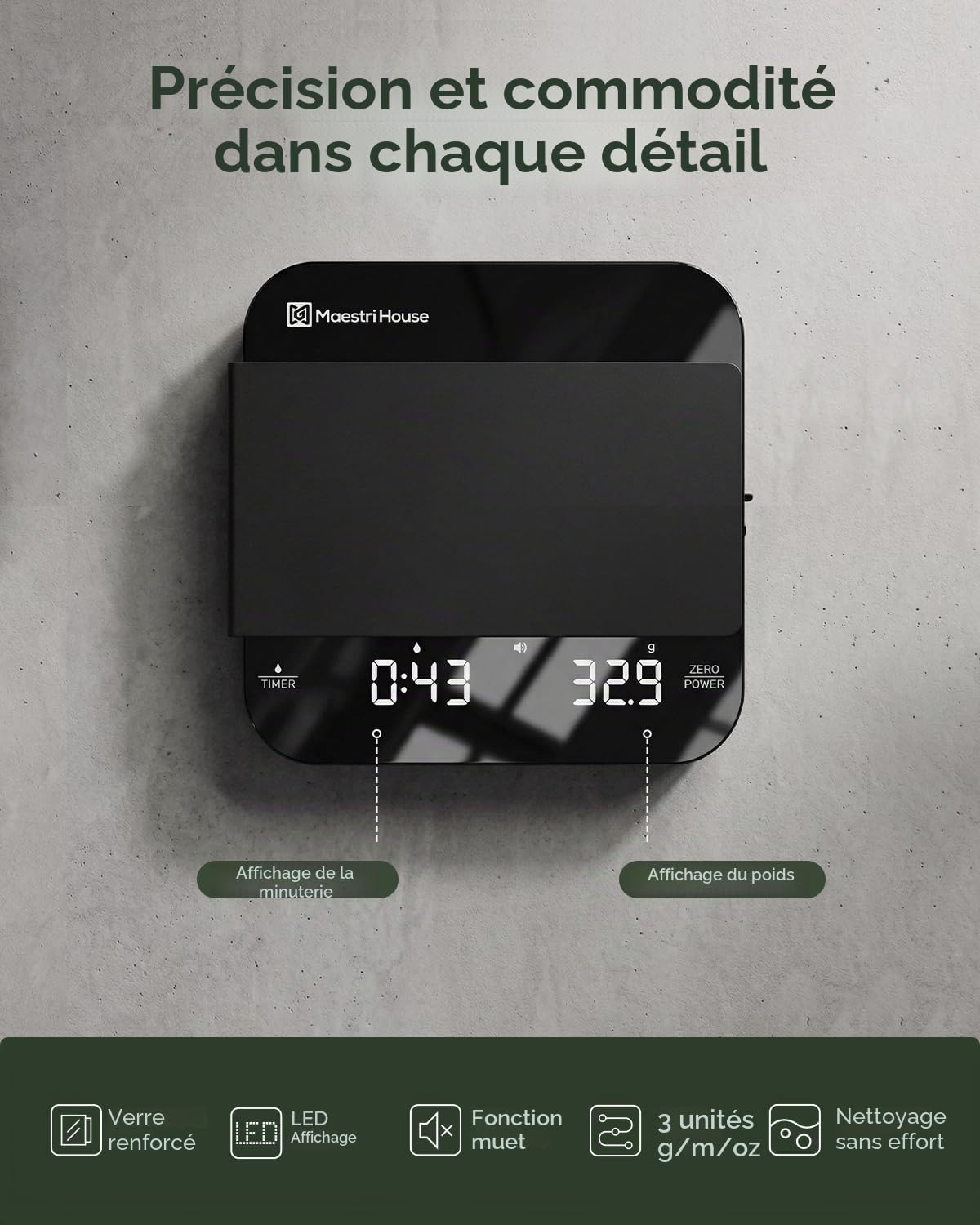 Balance de Cuisine Numérique Rechargeable, Maestri House pour Espresso, 2kg/0,1g de Précision, Minuteur Automatique, Balance Portable pour Café Espresso et Filtre-Noir & Argent