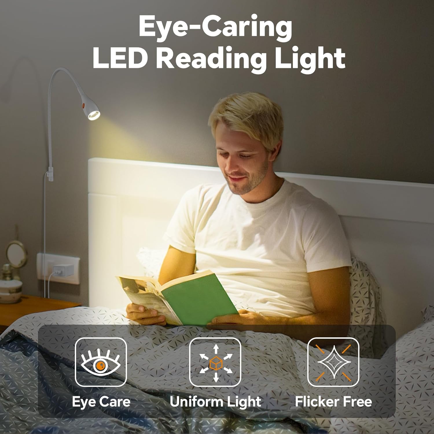 Wall Mounted Reading Light, Minimalist Headboard Mount Book Light, Dimmable LED with Lamp Head Switch Reading Lamp, USB-C Powered, CRI 95+ (4000K + Amber Nightlight) -White
