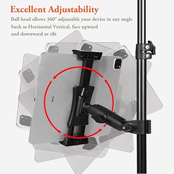 Ipad Holder for Mic Stand, Tablet Phone Holder Micophone Music Stand Mount Adjustable Rotatabe with Super Handle Clamp for iPad Pro 12.9 Air Mini, Android, 4 to 15inch iPhones and Tablets