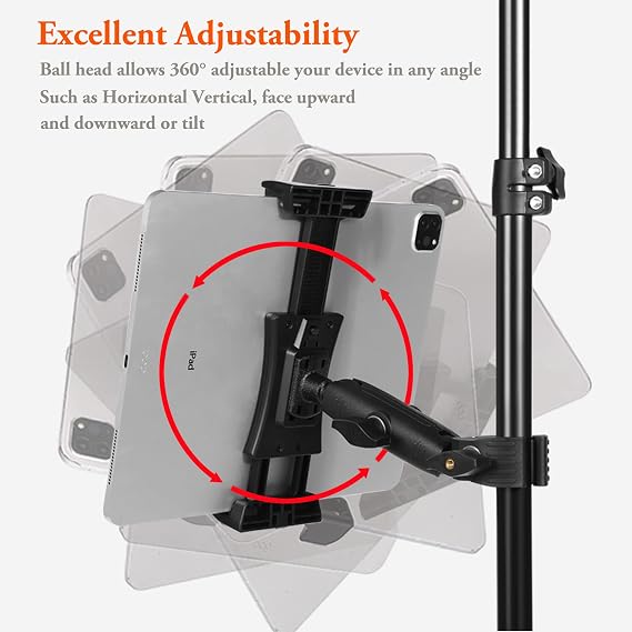 Ipad Holder for Mic Stand, Tablet Phone Holder Micophone Music Stand Mount Adjustable Rotatabe with Super Handle Clamp for iPad Pro 12.9 Air Mini, Android, 4 to 15inch iPhones and Tablets