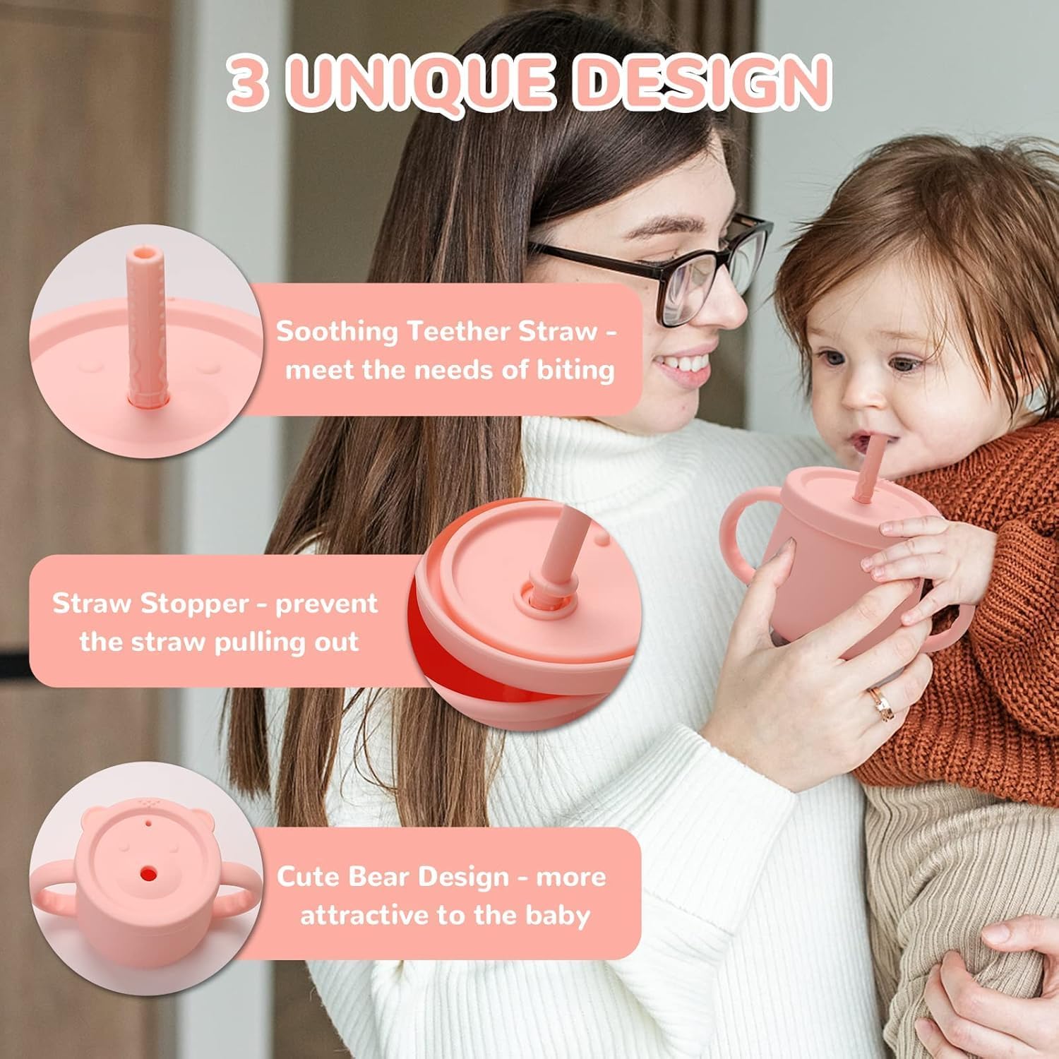 Mom's Aura 2-in-1 Silicone Baby Cups with Straw and Lid for Snacks 8.5 oz Spill-Proof Sippy Cups - Image 3