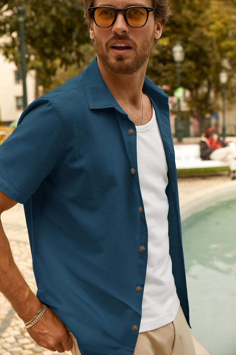 PJ PAUL JONES Mens Button Up Shirts Short Sleeve Untucked Shirts with Pocket for Summer Beach Vacation - Image 2