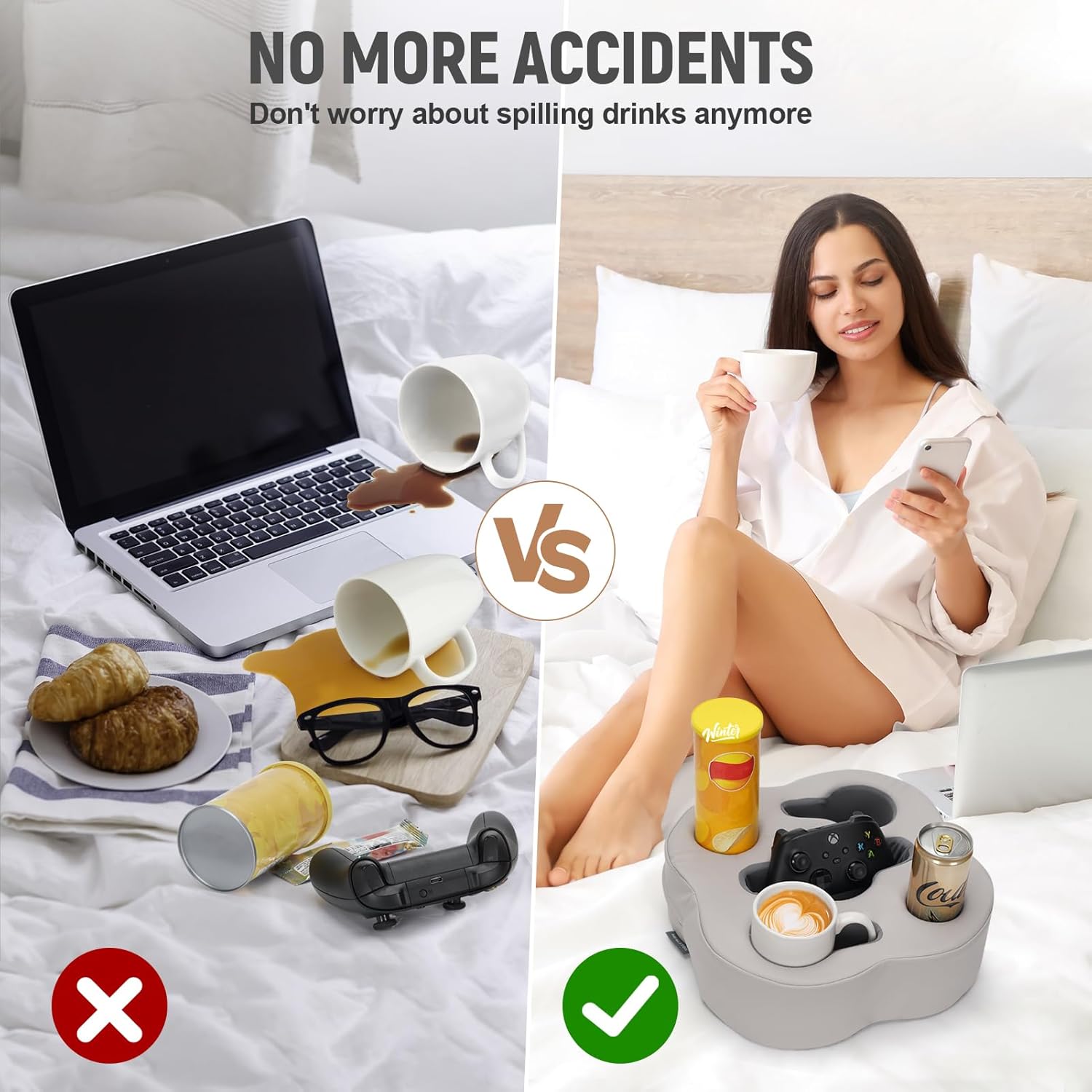 Couch Cup Holder Pillow, Sofa Organizer Caddy Bed Refreshment Tray for Drinks, Remotes, Phones, Snacks (PUGrey)