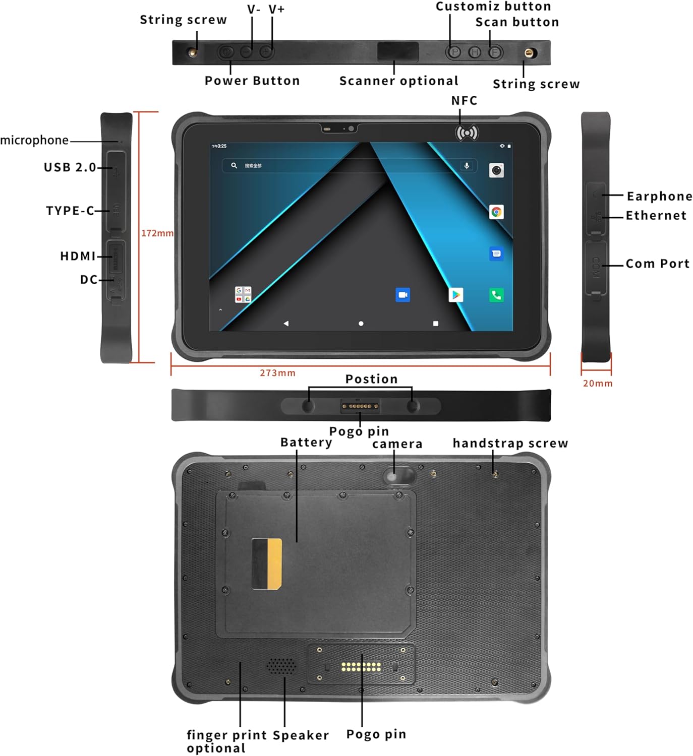 Diagram of Breloom ST11-A5 Rugged Tablet ports and buttons