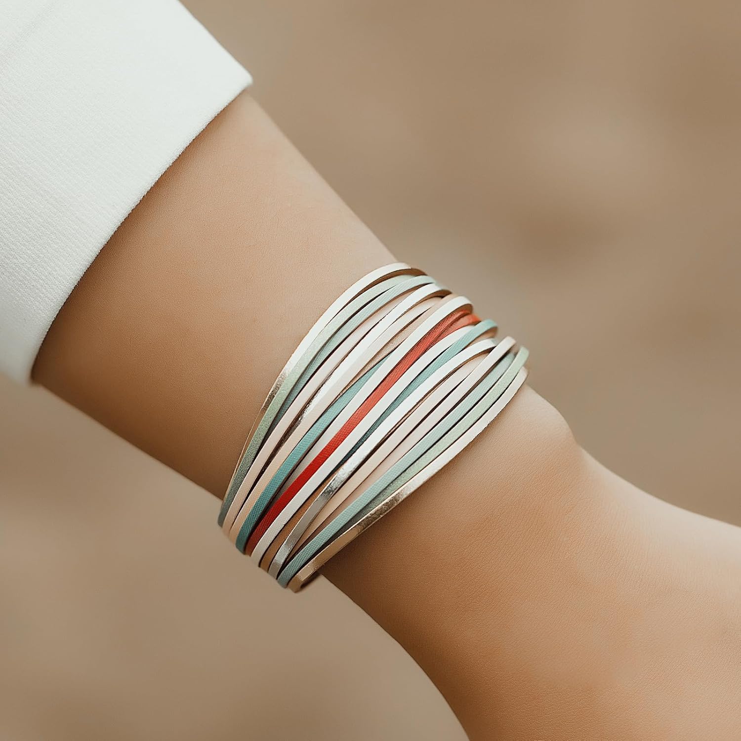 FANCY SHINY Boho Leather Wrap Bracelet Stackable Layered Bangle Cuff with Magnetic Clasp - Image 8