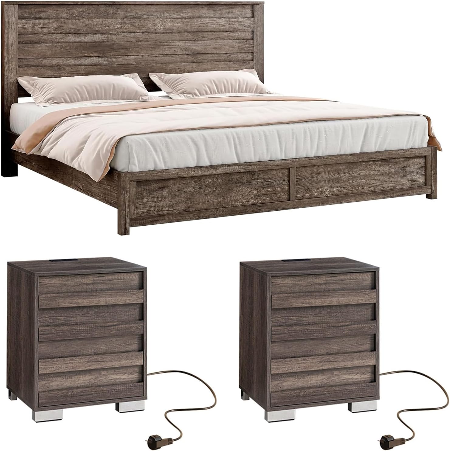 3 Pcs Bedroom Furniture Sets,Includes Farmhouse King Size Bed Frame with 49" Tall Headboard and Nightstand Sets of 2 with Charging Station, Slated Handles & Stainless Steel Feet, Rustic Grey