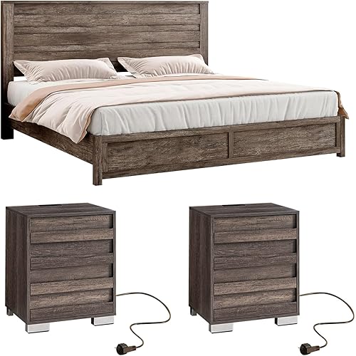3 Pcs Bedroom Furniture Sets,Includes Farmhouse King Size Bed Frame with 49" Tall Headboard and Nightstand Sets of 2 with Charging Station, Slated Handles & Stainless Steel Feet, Rustic Grey