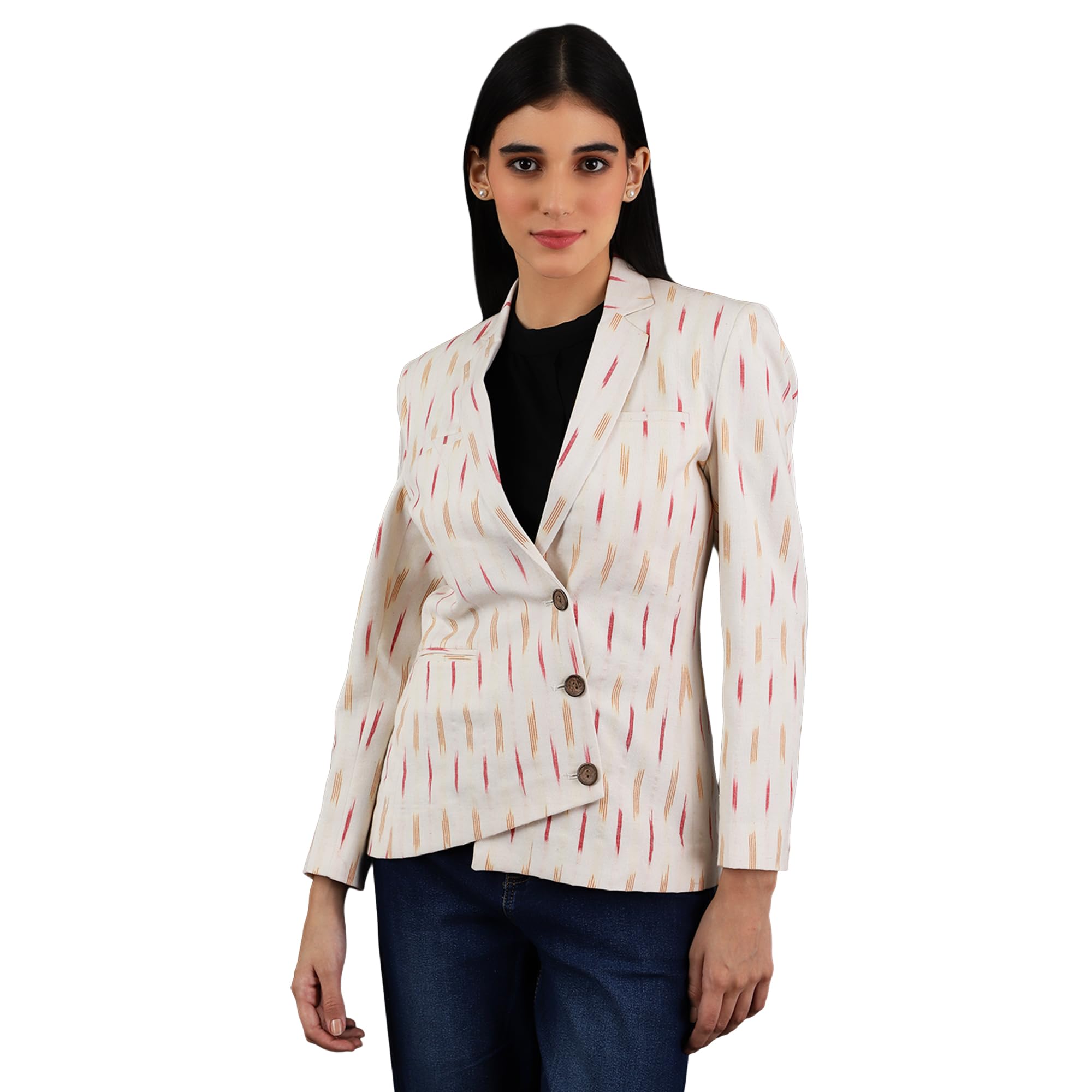 indophilia Women's Ikat White Cotton Blazer-picture-12