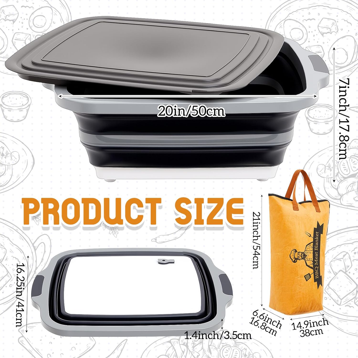 Funnymoom 2pcs Barbecue Prep Set Include Collapsible BBQ Prep Tub with Lid and Cutting Board(4.22 Gal/16l) BBQ Blanket for Resting Meat(21inch) Smoker Blanket Insulated(Black,Classic Style) image 2