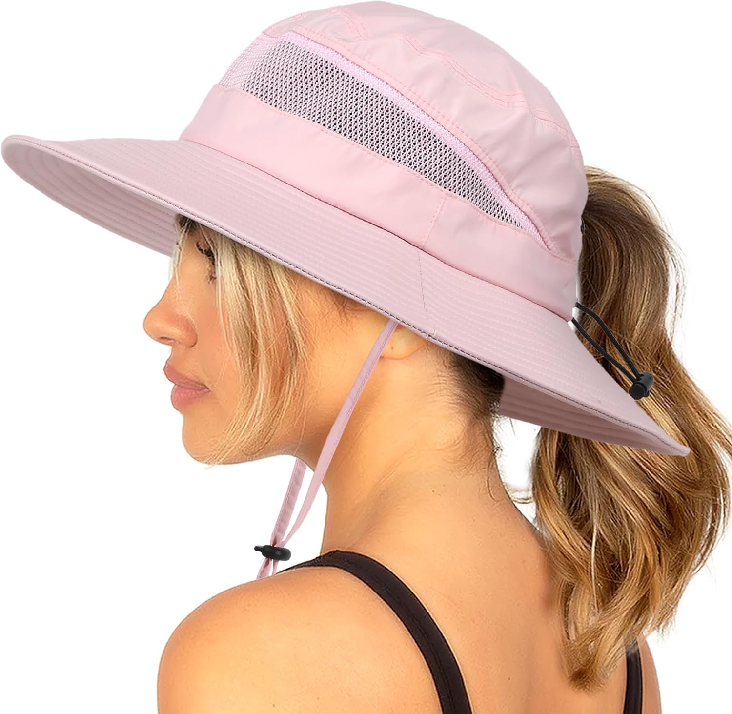 Bucket Sun Hat for Women Wide Brim Breathable Mesh UPF50+ Safari Hat Criss Cross Ponytail Hole Outdoor Rain Hat