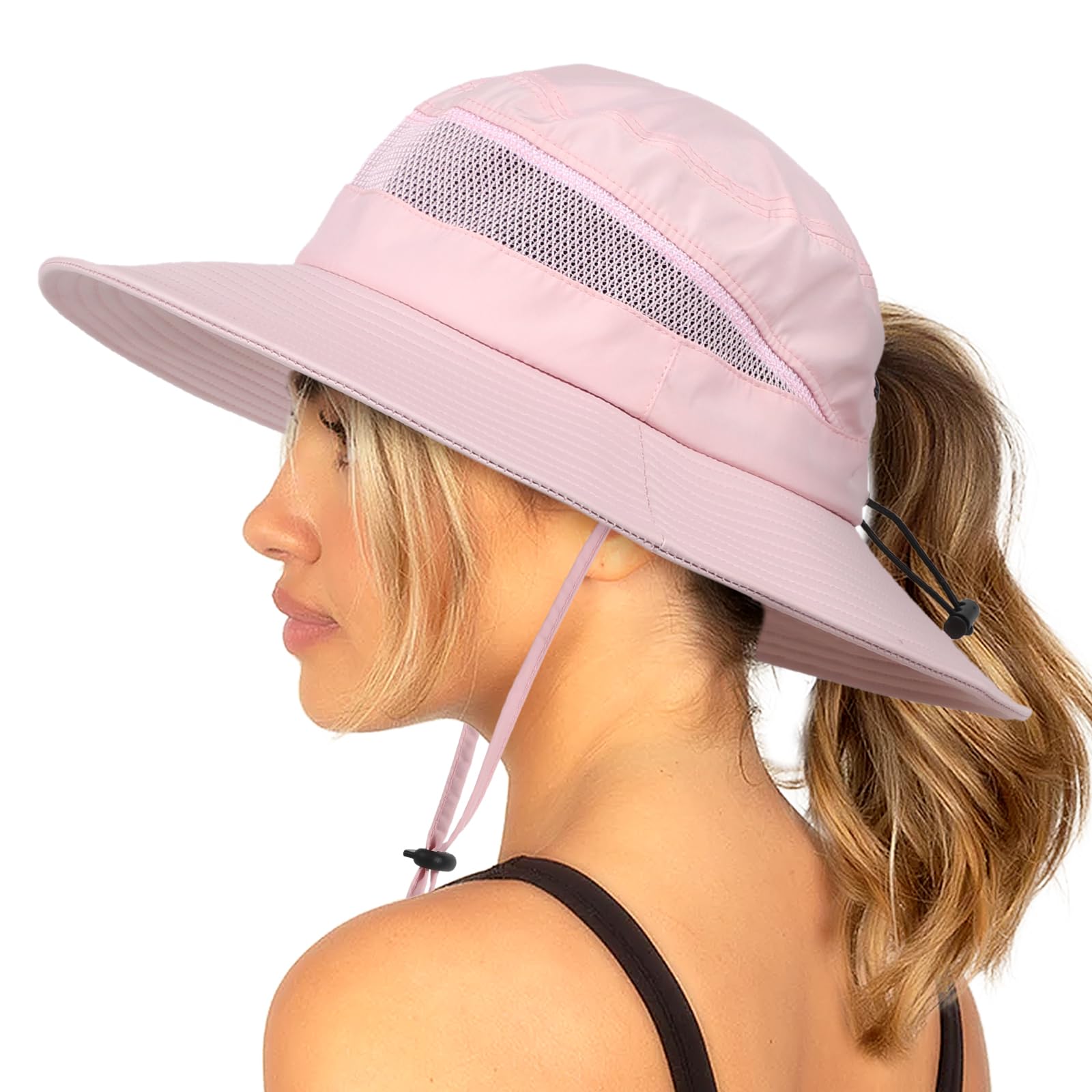 Waterproof Bucket Sun Hat for Women Wide Brim Breathable Mesh UPF50+ Safari Hat Criss Cross Ponytail Hole Outdoor Rain Hat