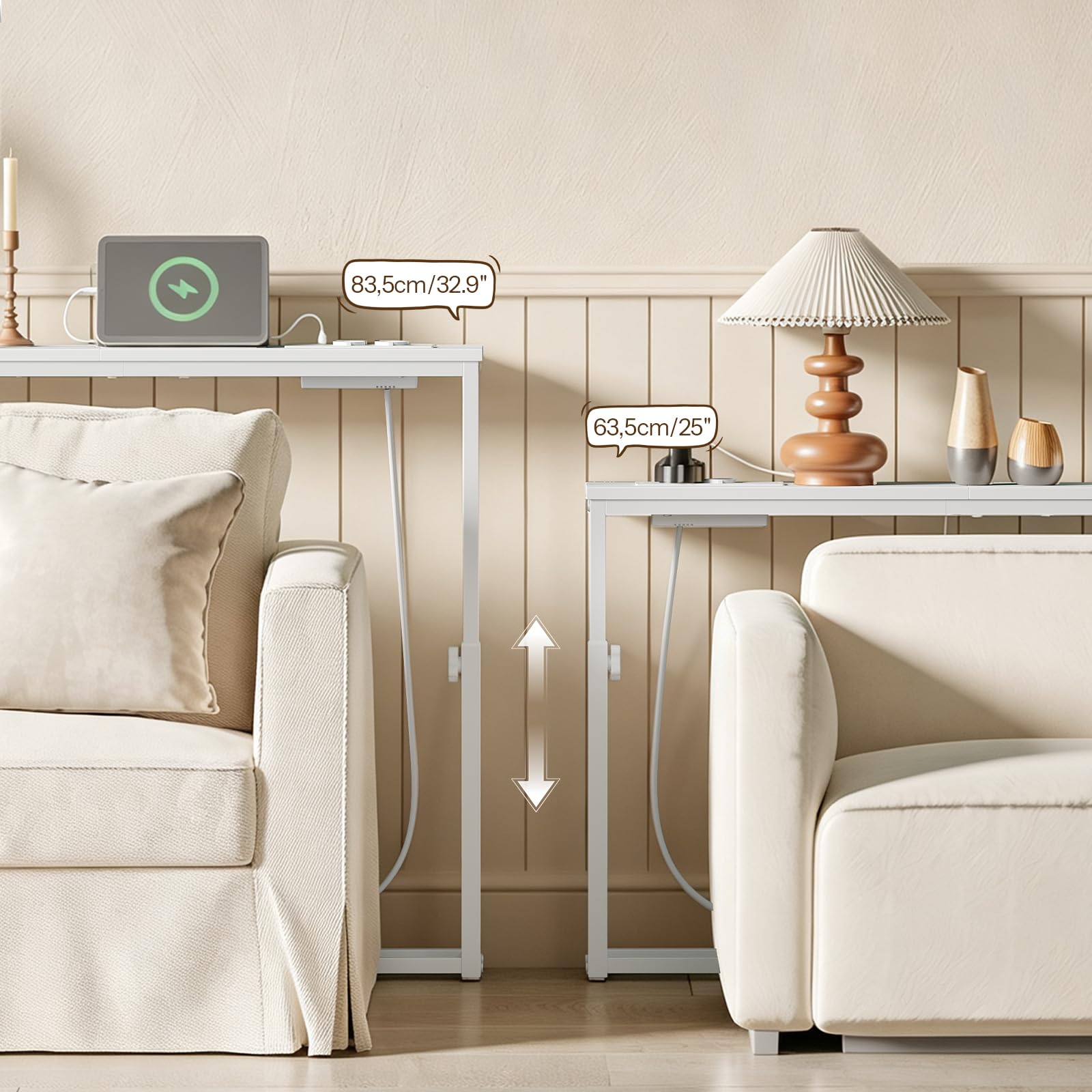 HOOBRO Consolle da Ingresso Stretta, Regolabile a 5 Altezze (65-85 cm) | Tavolino con 2 Stazioni di Ricarica (1 Porta AC, 2 Porte USB), per Divano, Ingresso, Corridoio, Atrio, Bianco