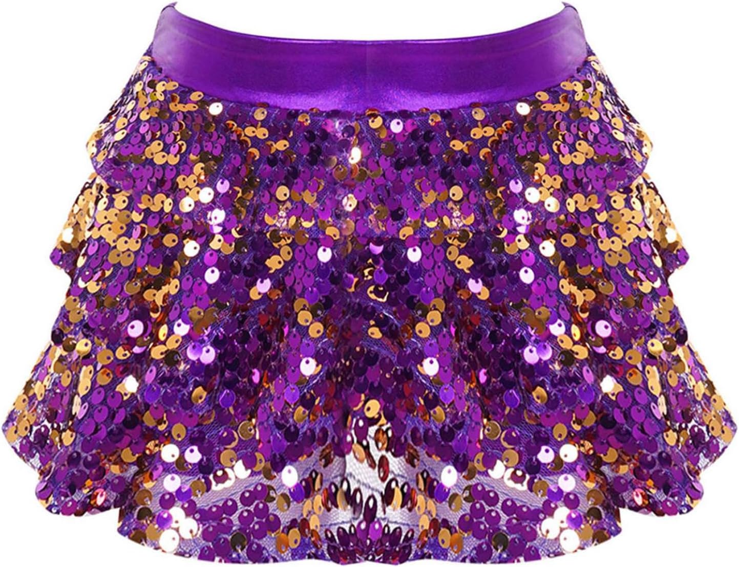 Kids Girls Shiny Sequins Ruffle Latin Dance Skirts Ballroom Jazz Dancing Costume