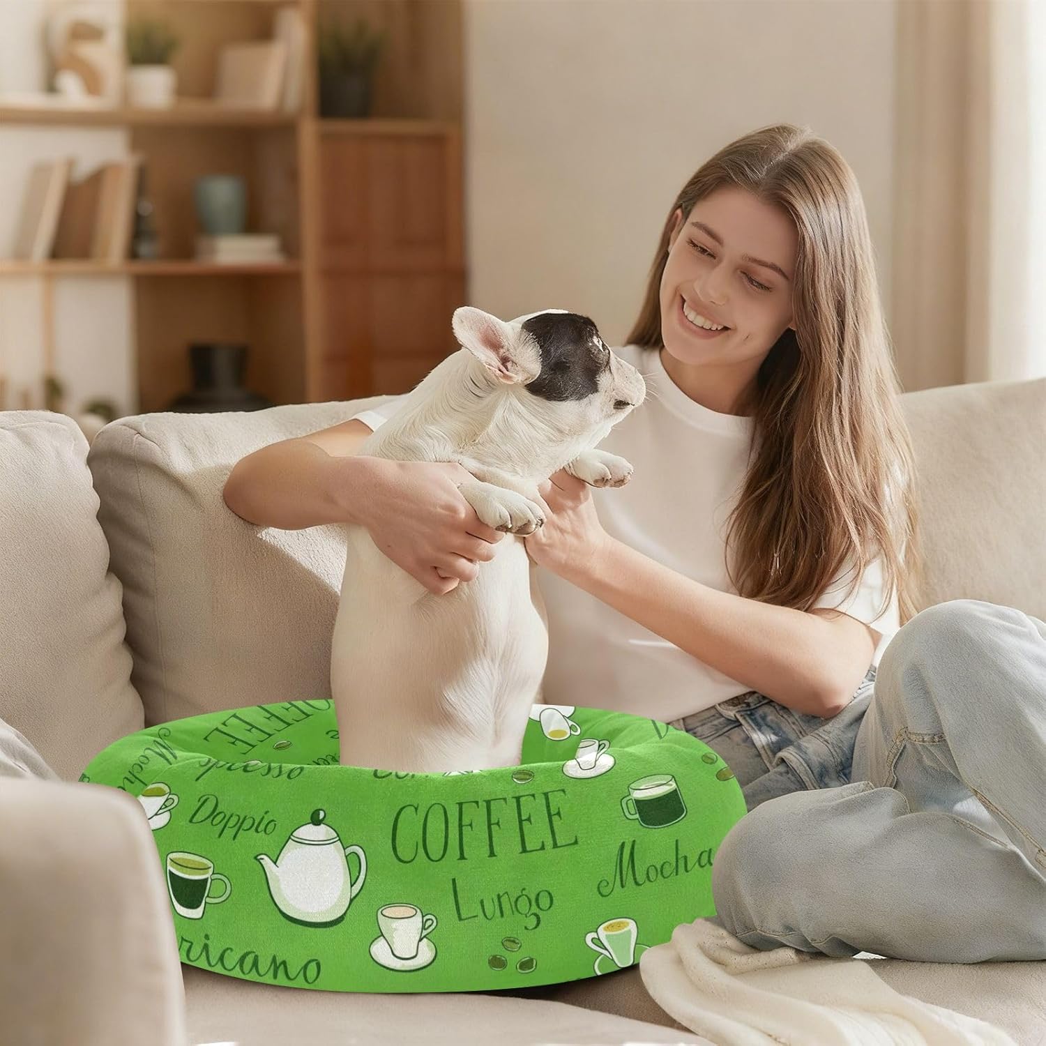 Coffee and Tea Elements Pattern Green Pet Dog Beds Anti-Slip fluffier Dog Pillow Bed for Medium Size Pets Supplies