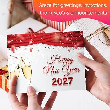 2027 Happy New Year Greeting Cards and Envelopes - 25 Pack - 4.25 x 5.5