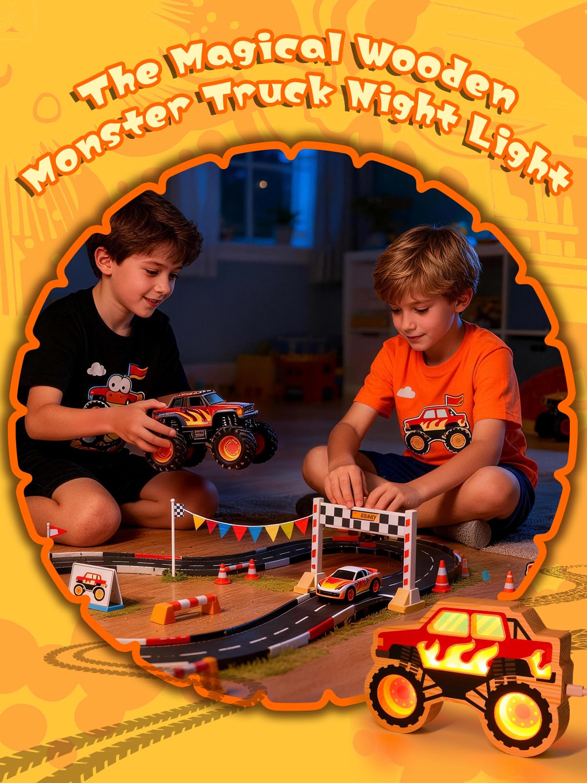 YuanDian Veilleuse en forme de camion monstre pour garçons de 4 à 7 ans, éclairage en bois en forme de voiture, décoration de table, bureau, chambre à coucher, idée cadeau pour garçons et enfants