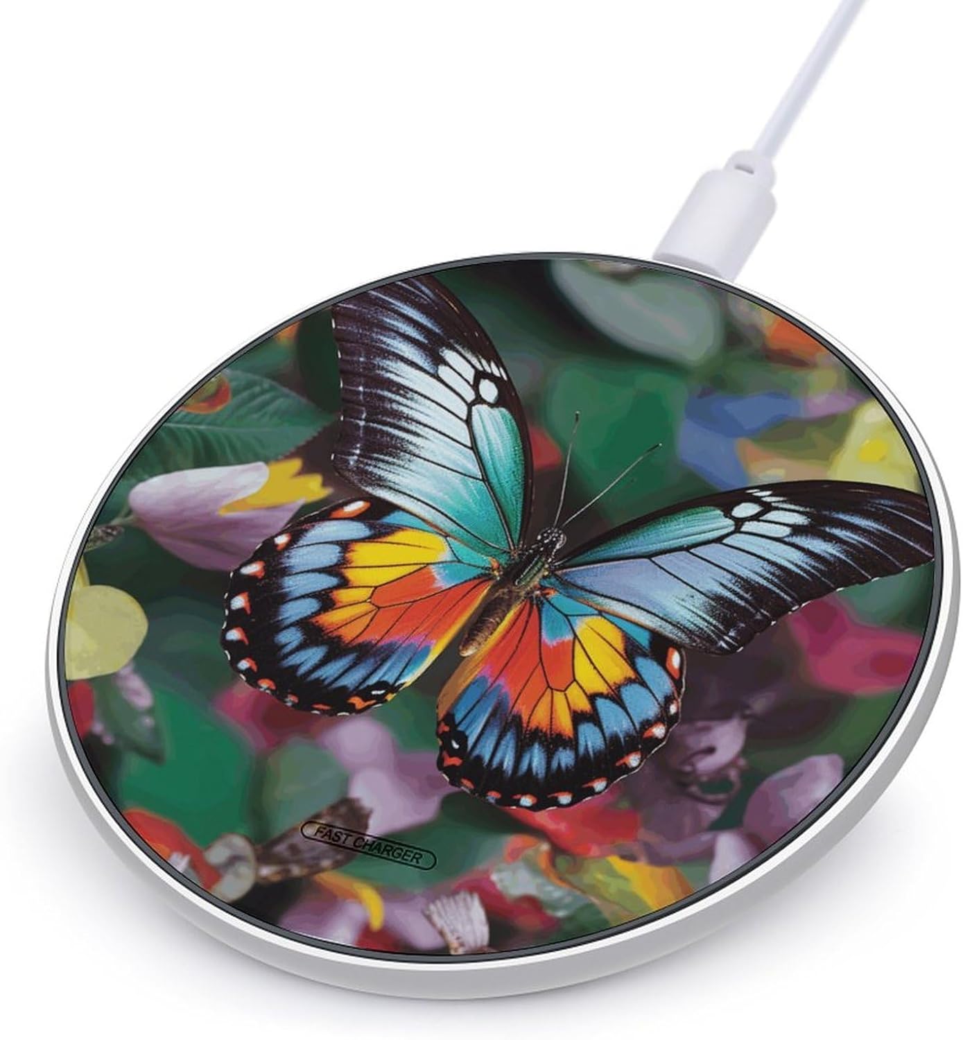 Colorful Butterfly Wireless Charger Fast Charging Pad with USB Cable Anti-Slip Portable,Aluminum Alloy Frame 10W Max Compatible Fast Wireless Charging Pad for Travel Bedside Office