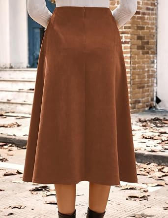 2026 Women's Suede Skirts, High Waist A-Line Skirt, Fall Winter Midi Skirt | Elastic waistline, Hidden zip at back, Comfortable faux suede clothing