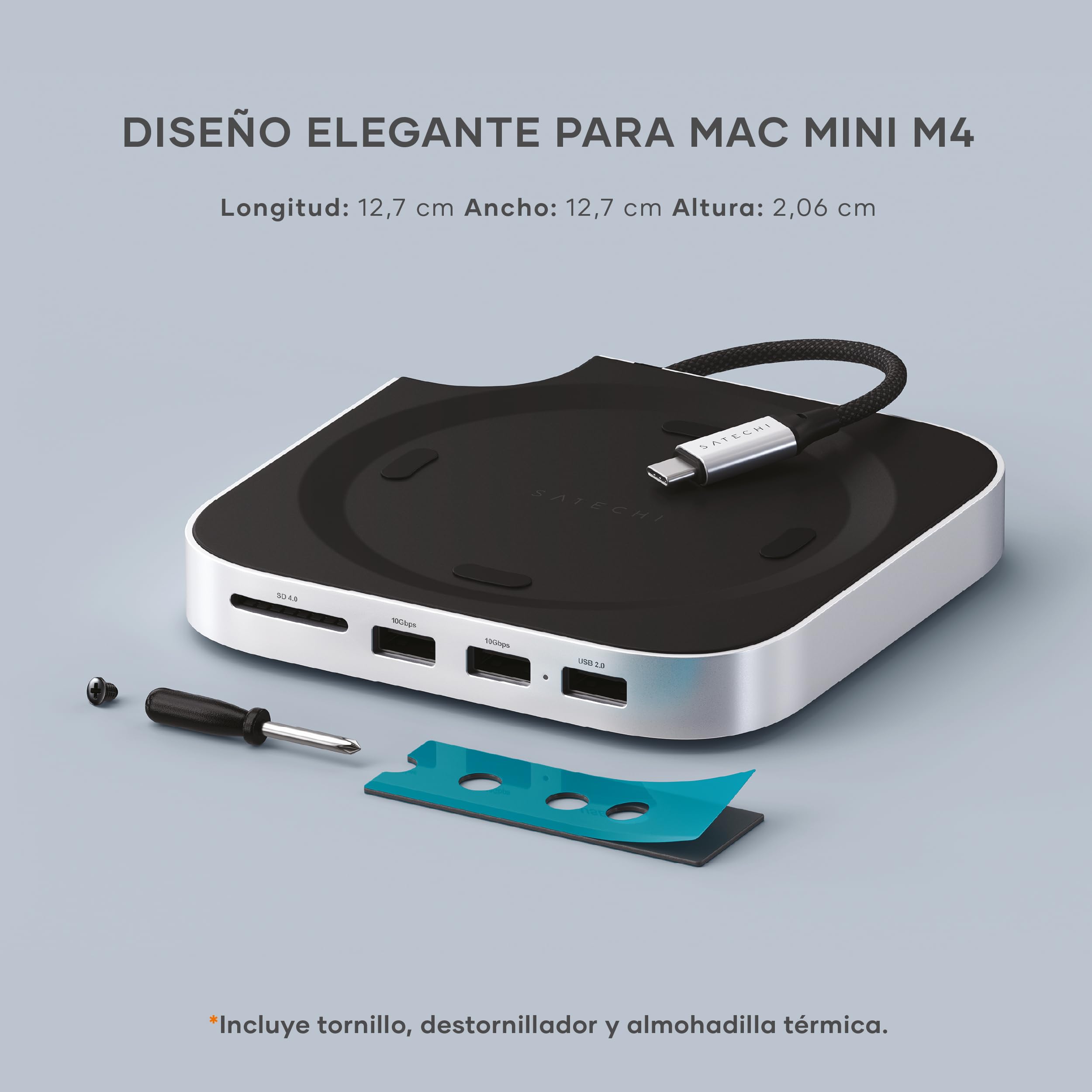 SATECHI Mac Mini M4 Hub & Soporte con Carcasa SSD NVMe 10Gbps | Para Mac Mini M4 y M4 Pro, ventilación optimizada, 2x USB-A 10Gbps, 1x a 480Mbps, lector SD, cable host USB-C incorporado