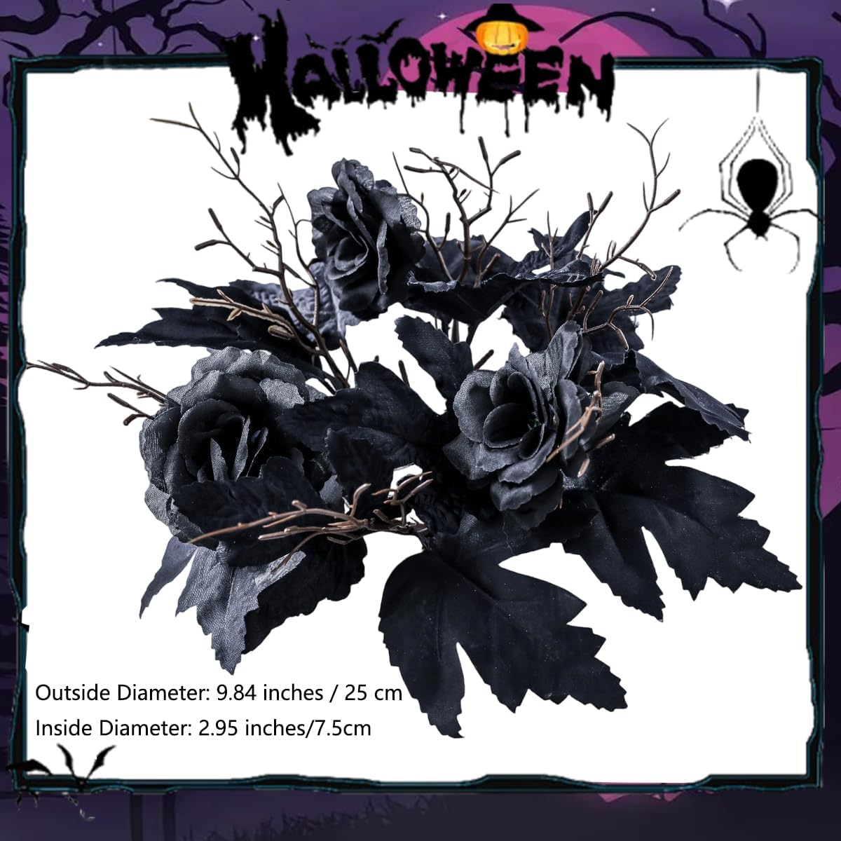 Halloween Candle Ring Artificial Black Rose Flower Wreath 9.84" Maple Leaves Floral Candle Holder for Tables Centerpieces Home Kitchen Farmhouse Pillar Table Decor