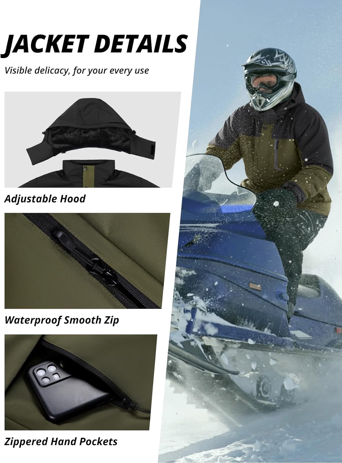 CAMEL CROWN Men's Winter Ski Jacket Mountain Snow Coats Waterproof Detachable Hood Windproof Fleece Rain Jackets - Image 5