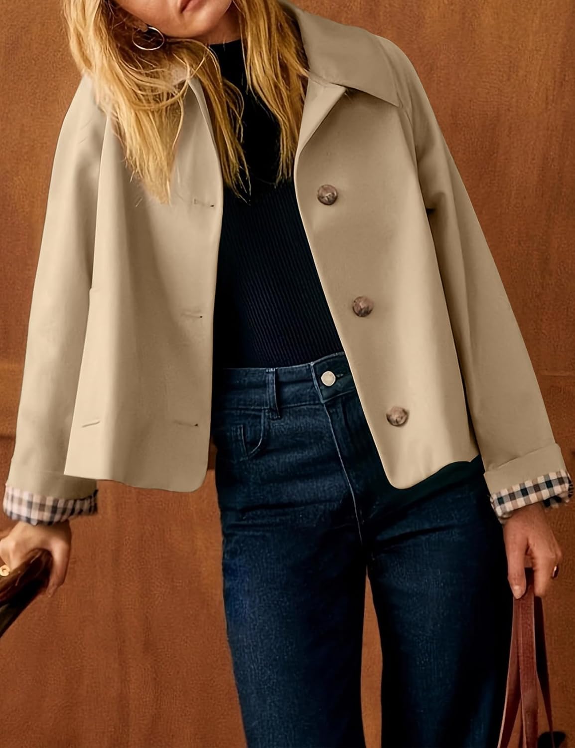 Flygo Womens Trench Coat Cropped Casual Jackets Oversized Button Down Long Sleeve Lapel Jacket Coats - Image 2