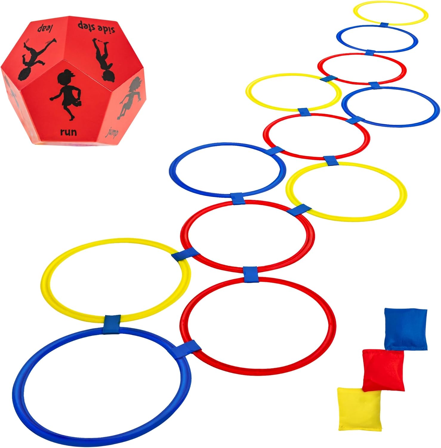 Kids Action Dice & Hopscotch Rings - 12 Rings + 3 Beanbags & 12-Sided Foam Dice, Recess Toys, PE Equipment, Obstacle Course for Kids 3–5, Indoor & O