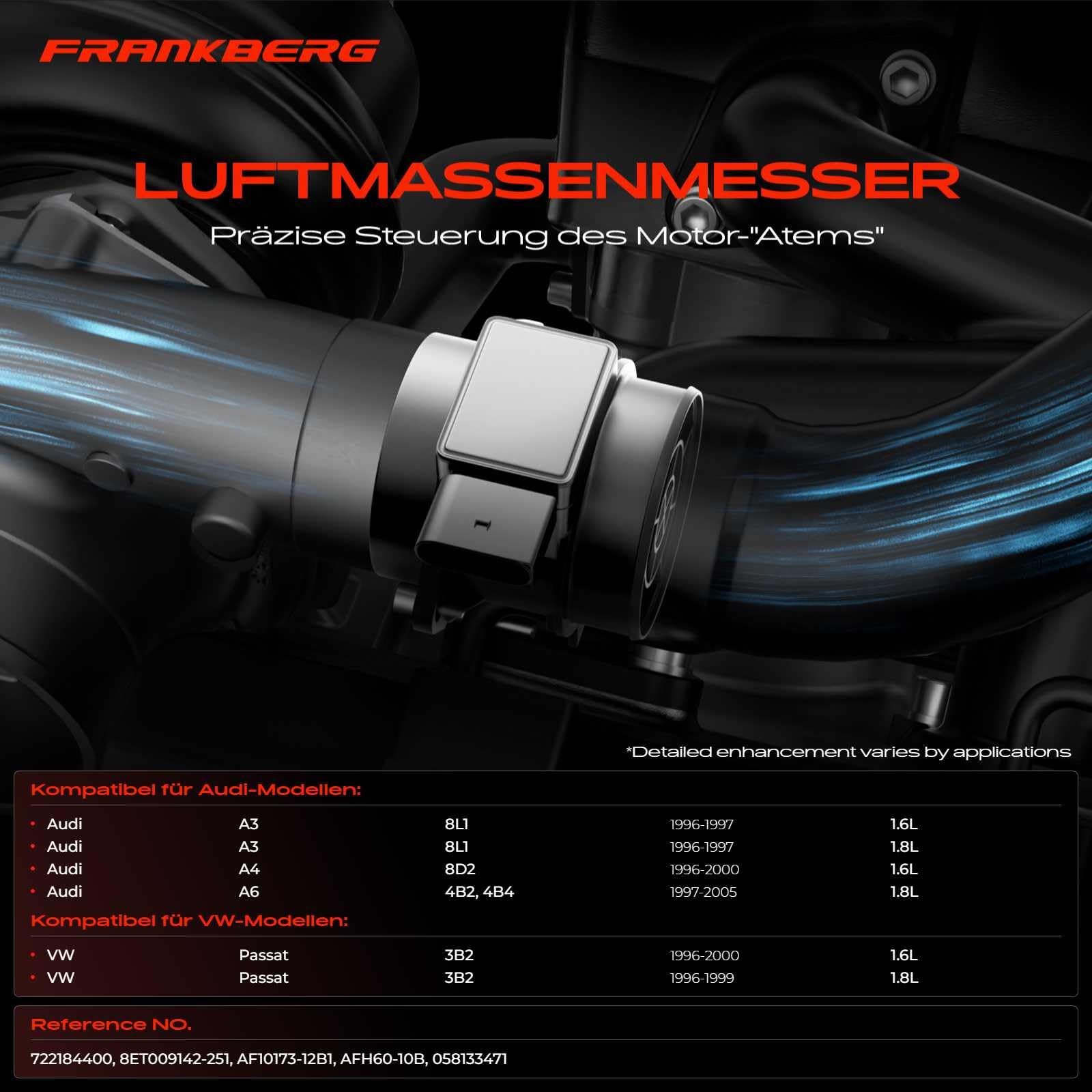 Frankberg Luftmassenmesser Kompatibel mit A3 8L1 A4 8D2 8D5 B5 A6 4B2 4B5 C5 Cabriolet 8G7 1.6L 1.8L 1994-2005 AFH60-10B