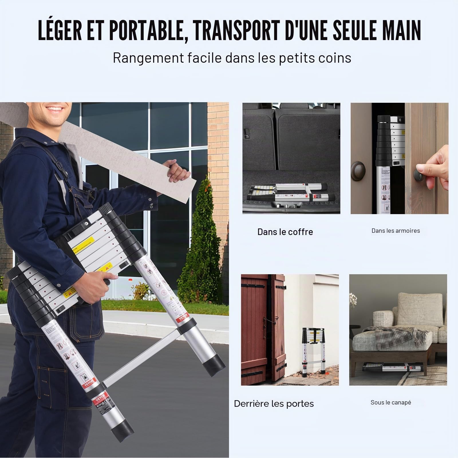 VEVOR Échelle Télescopique Aluminium, 2,6 m, Escabeau Extensible Capacité 170 kg, avec Pieds Antidérapants, Échelle Compacte Portable Pliable Rétraction à Un Bouton, pour Réparation Maison Camping-car
