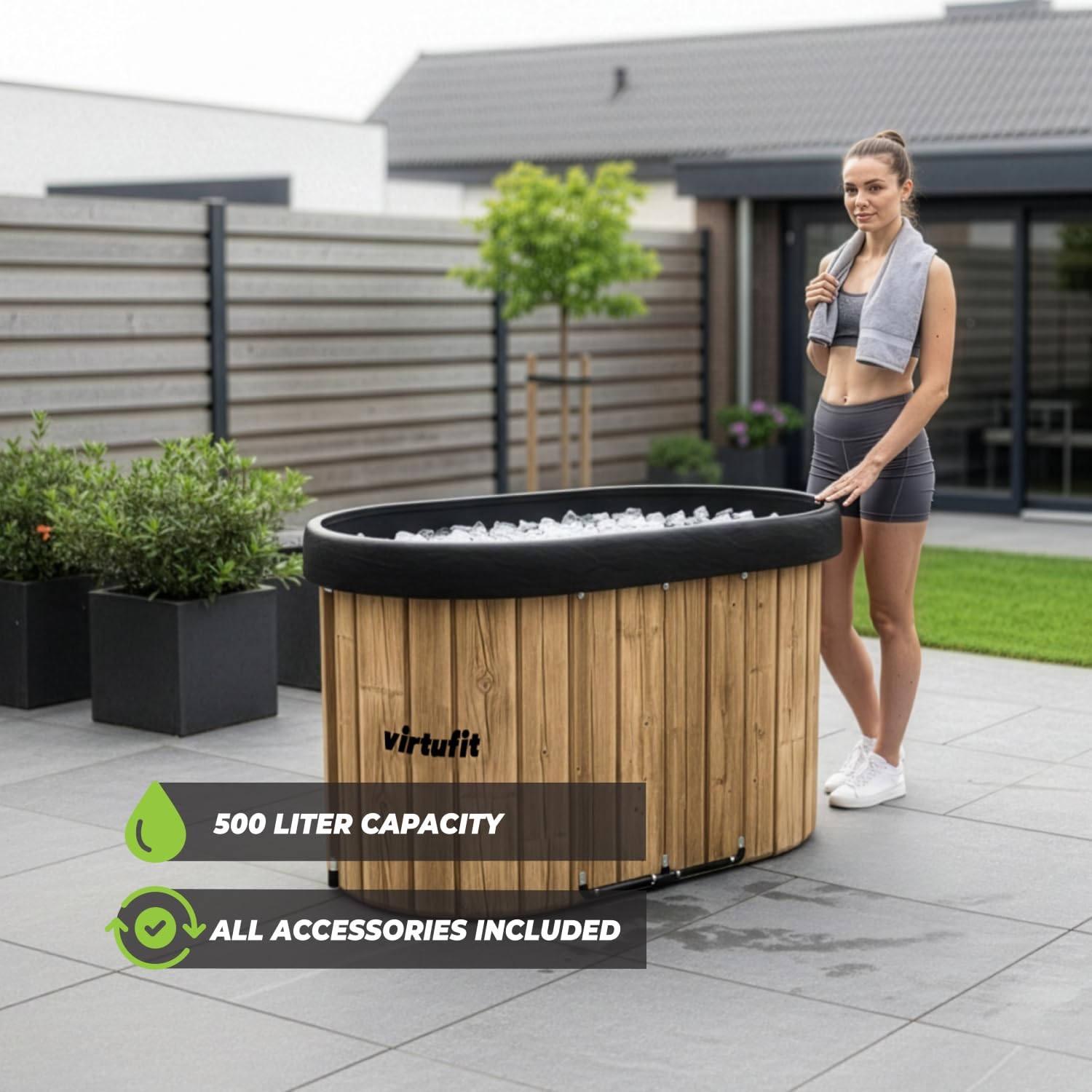 VirtuFit Eisbad Oval 500L Wood Look – Kaltwasserbecken Ice Bath für Regeneration & Muskelerholung – faltbar, 5-lagige Isolierung, inkl. Zubehör, Outdoor & Indoor