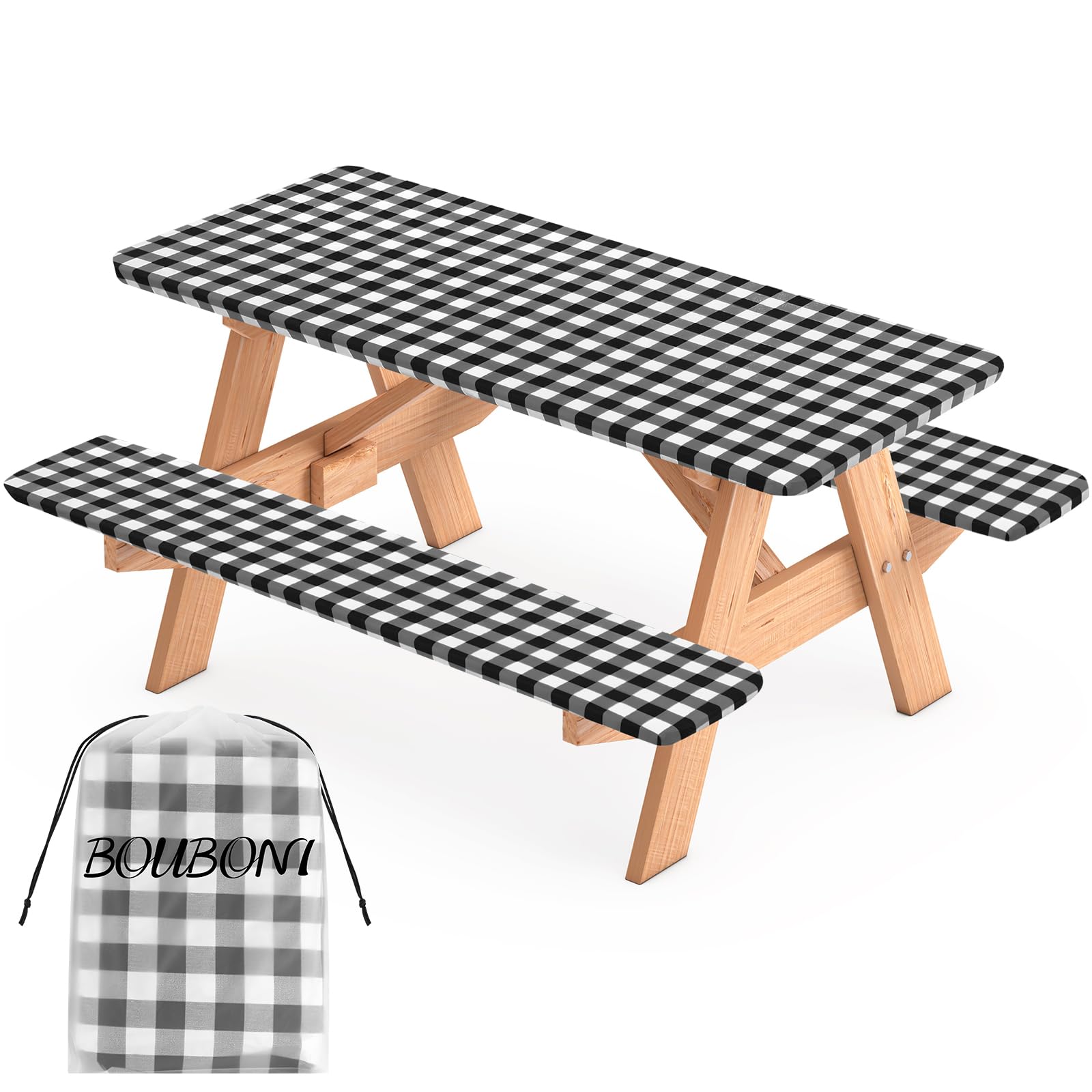 Nappe table pique nique ajustée vinyle carreaux noirs contre vent et taches de camping