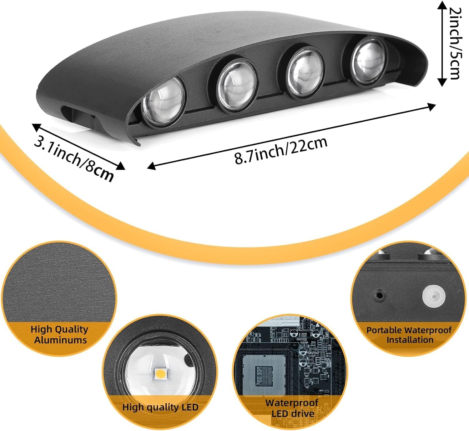 Lureshine Applique Murale LED 2 Pièces - Intérieur/Extérieur, Éclairage Haut et Bas, Aluminium Noir 8W, IP65, 3000K Blanc Chaud - Pour Garage