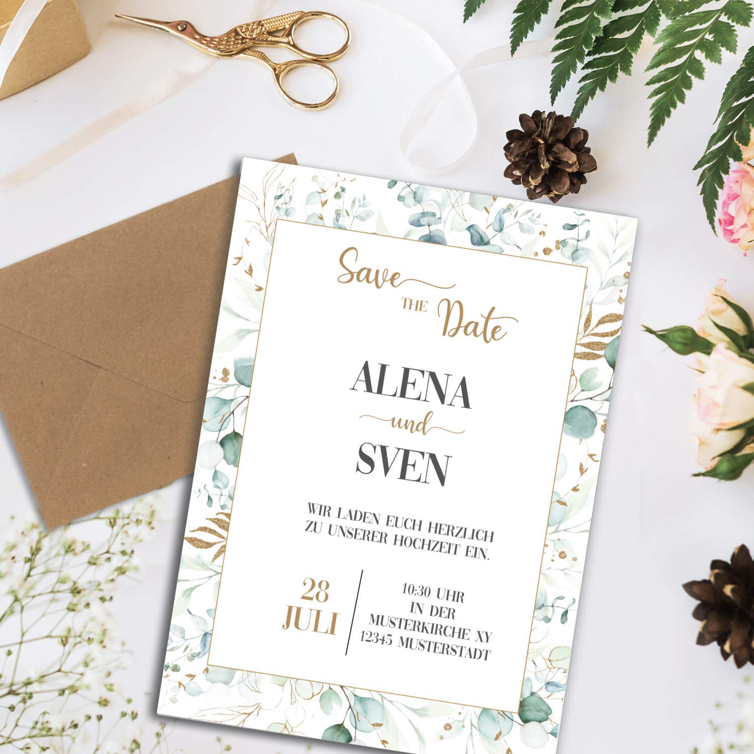 200 juegos de cartas DIN A4 - papel natural en crema - marco con bolsas de eucalipto - con sobres DIN C6 en papel kraft Papelería marrón natural imprimible ideal para invitaciones de boda