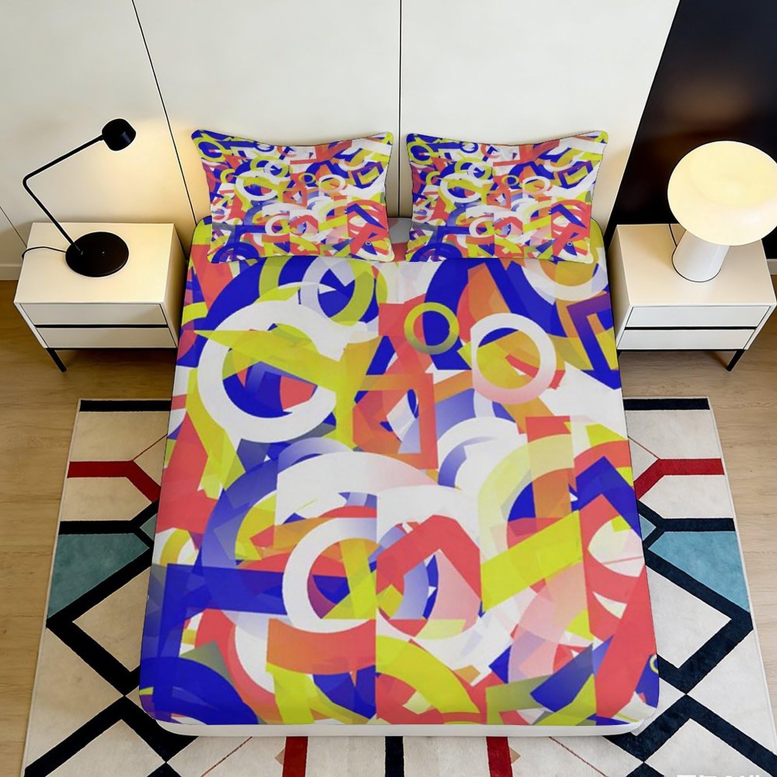 3D Printed Colorful Abstract Circles Fitted Sheet Microfiber Soft Breathable Geometric Shapes Mattress Cover for Bedroom Dormitory Guest Room Mattress Protection 200x200x25cm